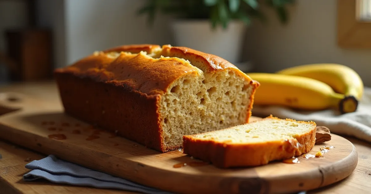 A freshly baked loaf of honey banana bread with a golden crust, sliced on a wooden board, with honey and ripe bananas beside it.