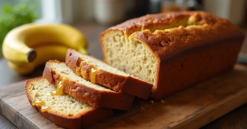 A freshly baked loaf of honey banana bread with a golden crust, sliced on a wooden board, with honey and ripe bananas beside it.