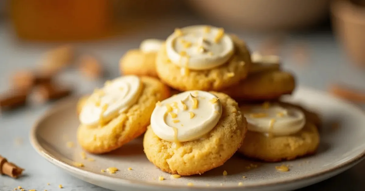 Golden-brown honey buttercream cornbread cookies on a plate with frosting and honey drizzle