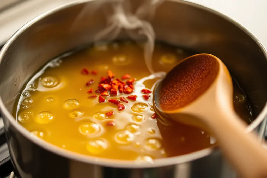 A saucepan with golden honey and chili flakes being stirred over low heat.