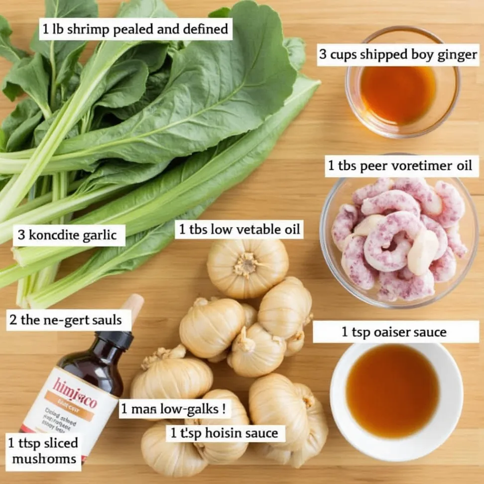 Fresh ingredients for a Bok Choy and Shrimp Stir-Fry, including shrimp, bok choy, garlic, ginger, soy sauce, sesame oil, vegetable oil, red pepper flakes, mushrooms, oyster sauce, and hoisin sauce.