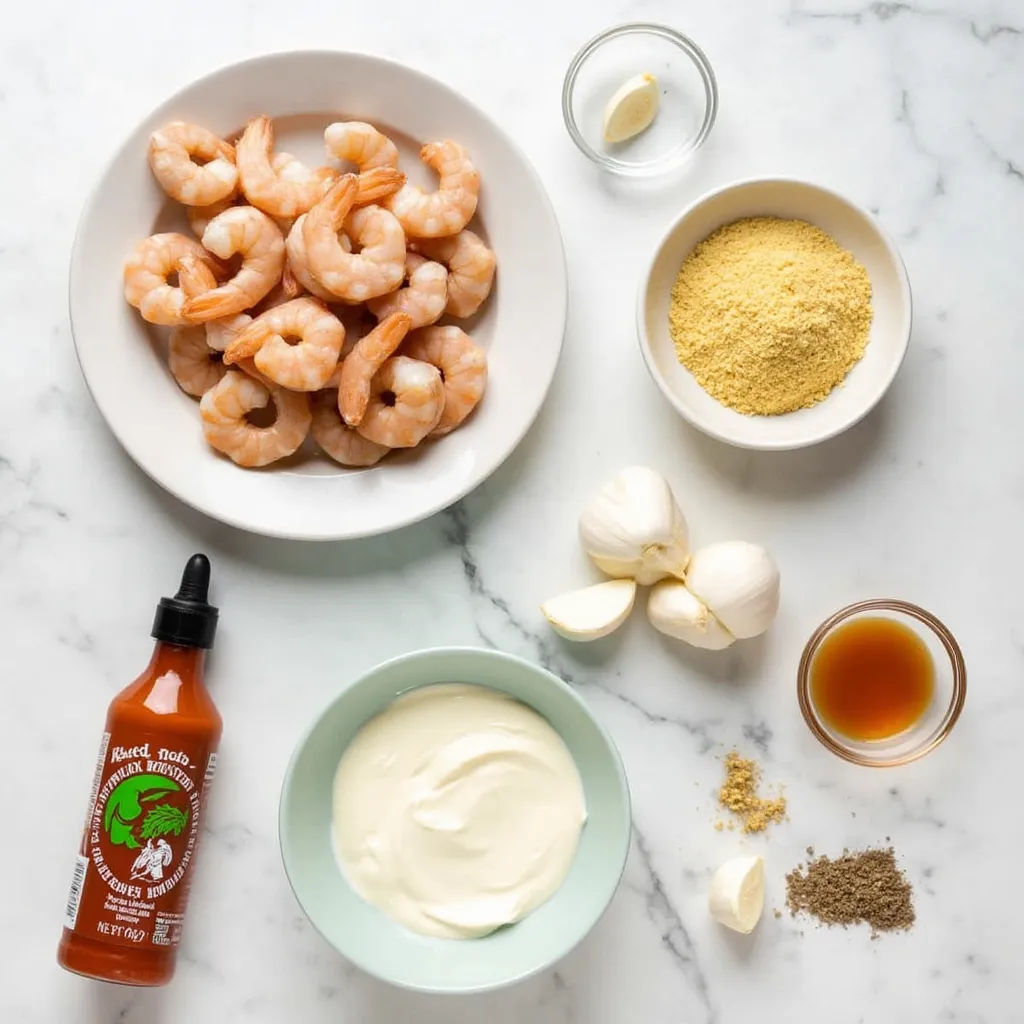 A flat lay of fresh shrimp, panko breadcrumbs, garlic, sriracha, mayonnaise, honey, and seasonings for Boom Boom Shrimp.