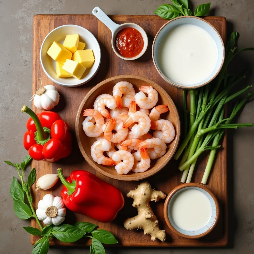 Fresh ingredients for creamy coconut shrimp recipe including shrimp, coconut milk, coconut cream, garlic, ginger, red curry paste, and fresh basil