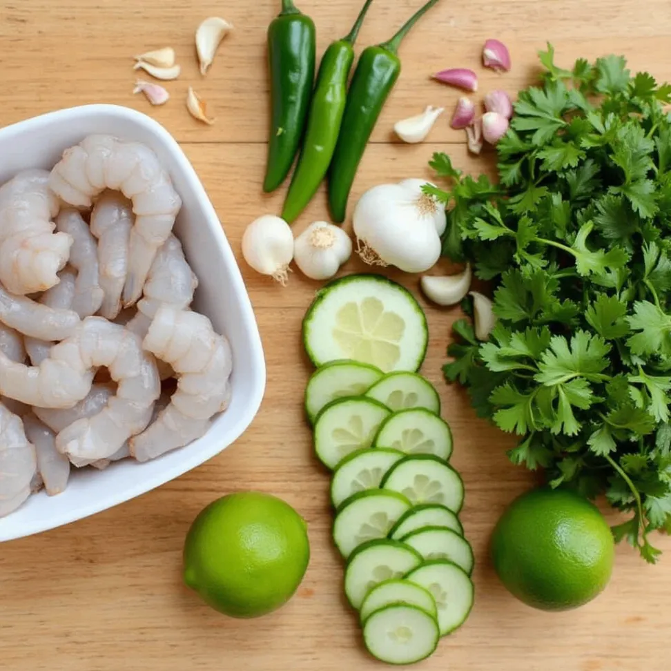 Fresh ingredients for Garlic Shrimp Aguachile: raw shrimp, garlic, serrano peppers, cilantro, limes, and cucumber