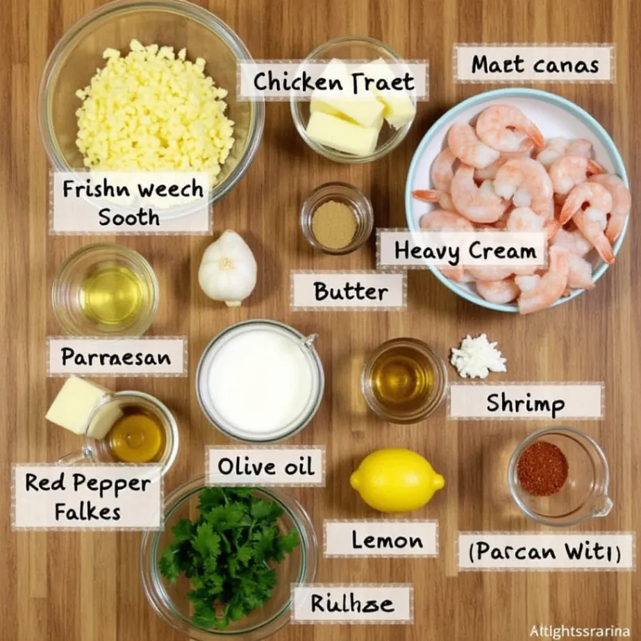 A collection of fresh ingredients for shrimp polenta, including cornmeal, shrimp, garlic, heavy cream, and Parmesan cheese.

