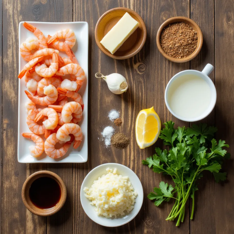 Fresh ingredients for Shrimp St. Charles: shrimp, butter, cream, Cajun seasoning, garlic, shallots, white wine, lemon, Parmesan, and parsley