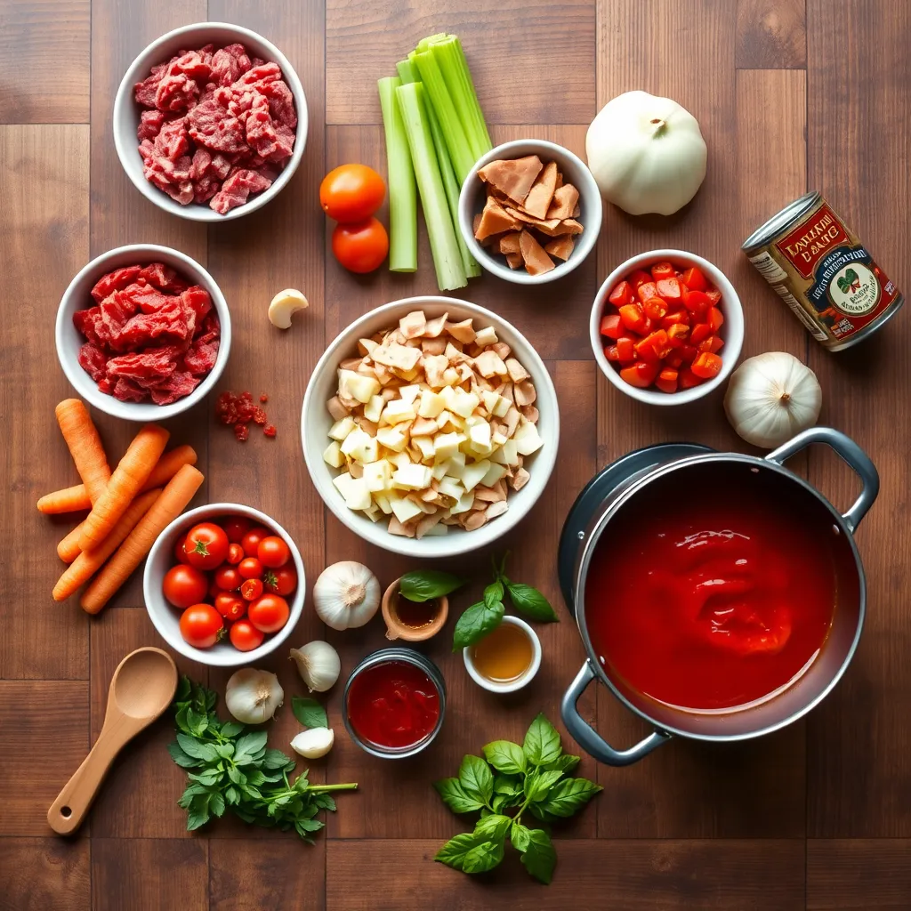 Ingredients for Bolognese sauce including ground meats, tomatoes, vegetables, herbs, and olive oil