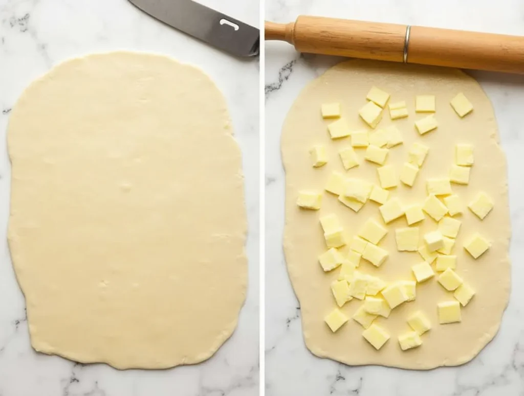 Rolling out dough with butter layers for Swiss Gipfeli