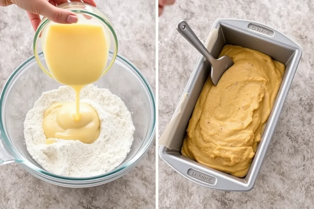 Banana bread batter being mixed and poured into a loaf pan before baking