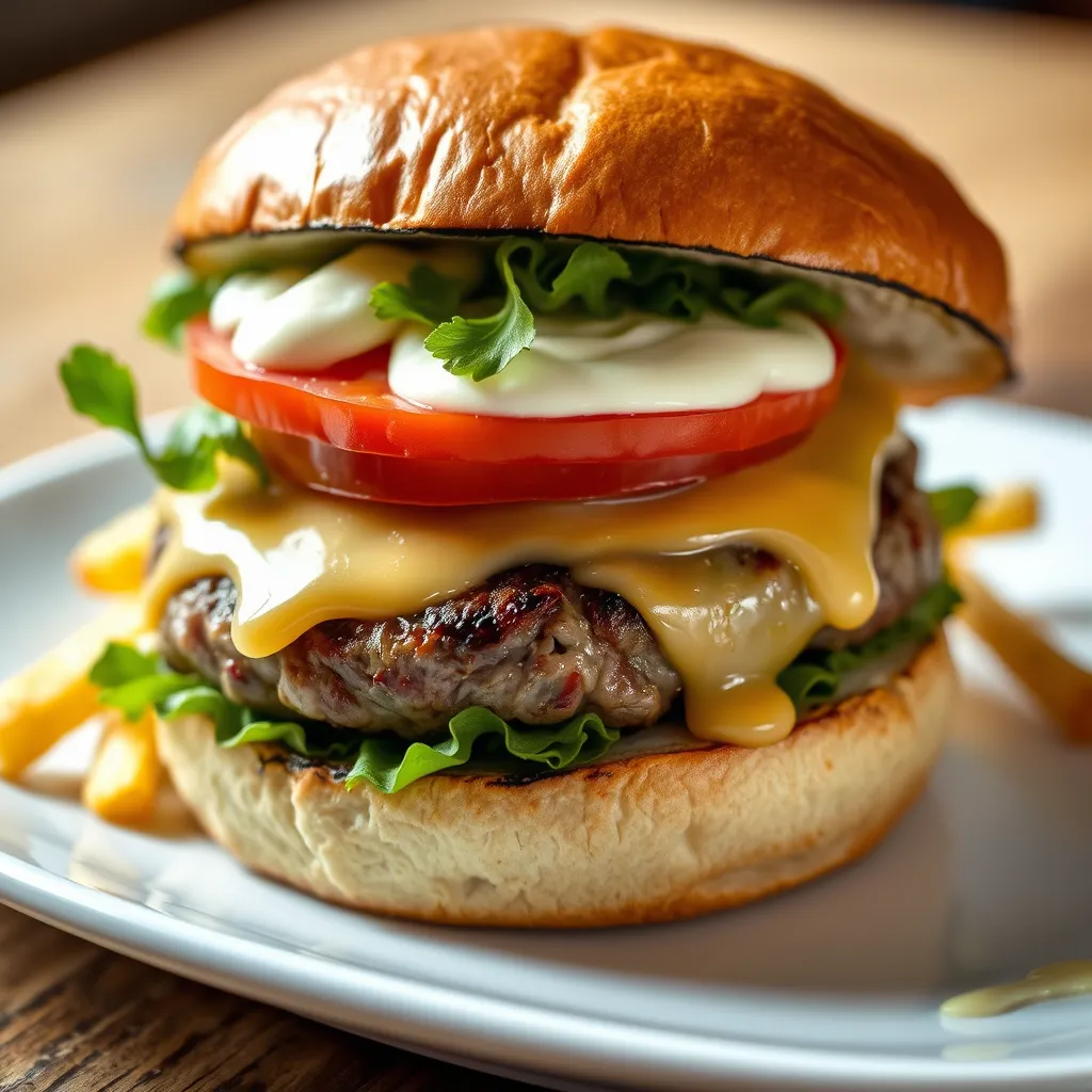 Juicy Wagyu burger with fresh lettuce, tomato, and aioli on a brioche bun