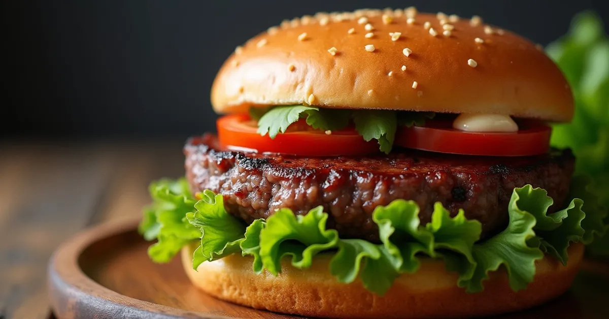 Juicy Wagyu burger with fresh lettuce, tomato, and aioli on a brioche bun