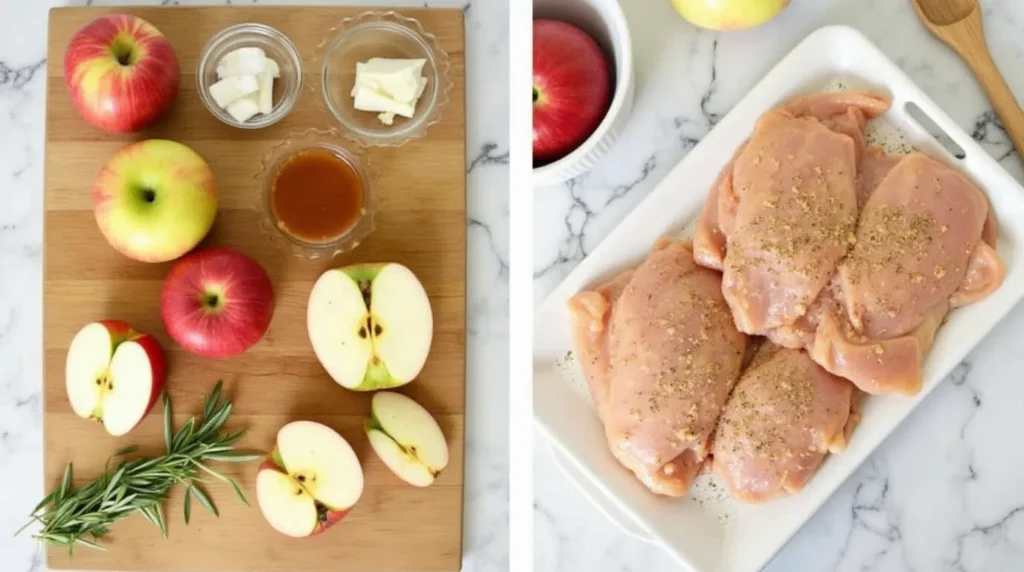 Fresh ingredients for apple honey glaze including apples, honey, garlic, and seasoned chicken breasts on a cutting board