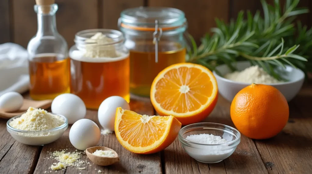 Ricciarelli honey recipe ingredients including almond flour, powdered sugar, honey, egg whites, vanilla extract, and orange zest arranged neatly on a rustic wooden table