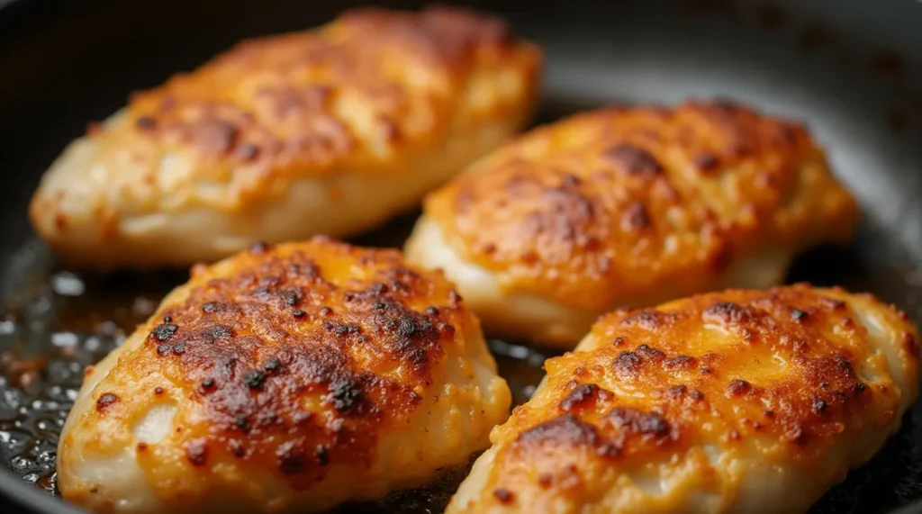 Chicken searing in a skillet to form a golden, crispy crust for apple honey glazed chicken