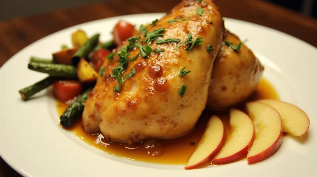 Apple honey glazed chicken served on a plate with fresh apple slices and roasted vegetables