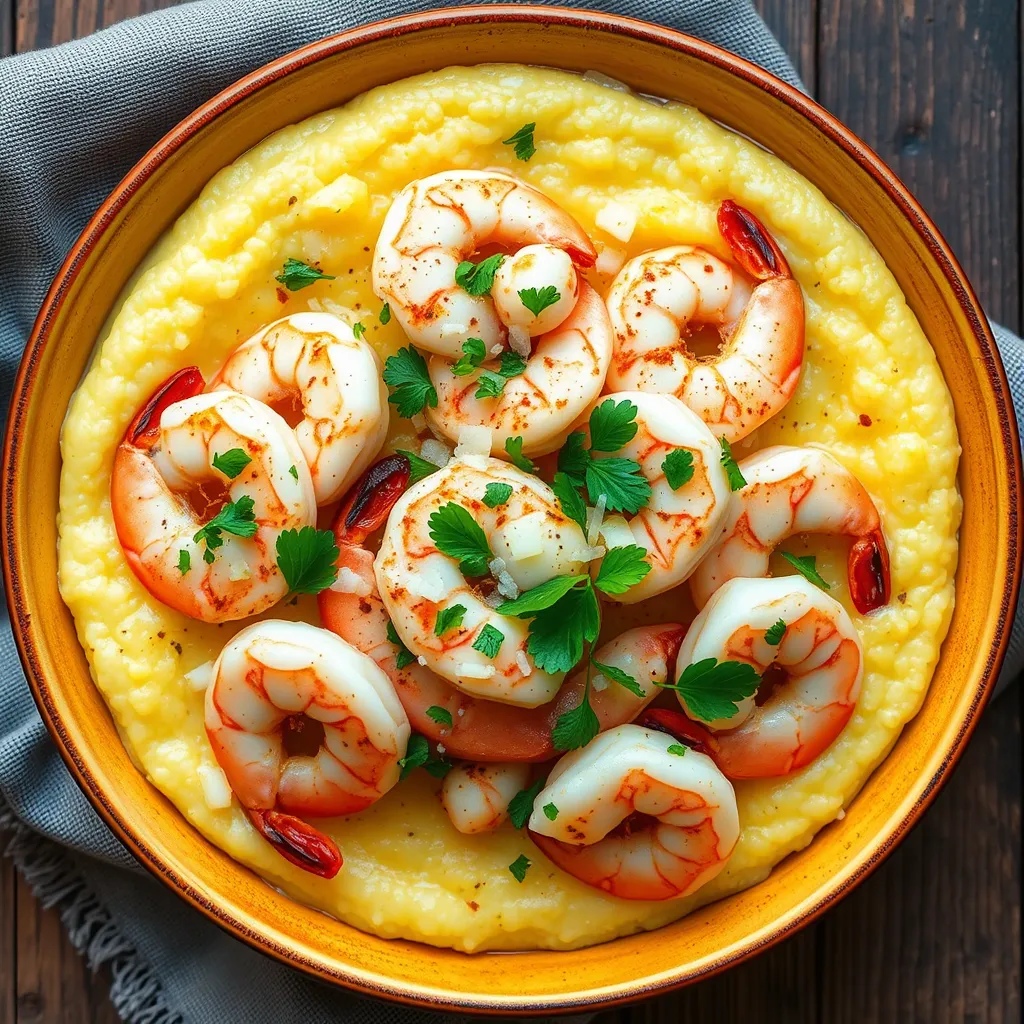 Shrimp Polenta served in a rustic bowl with sautéed shrimp, creamy polenta, Parmesan, and fresh parsley garnish