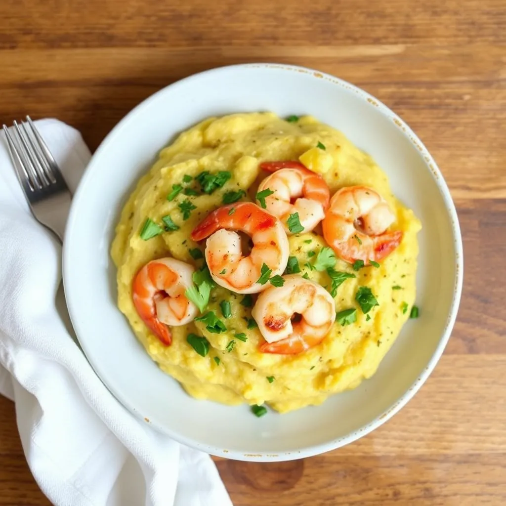 Shrimp Polenta with fresh herbs, Parmesan, and a drizzle of olive oil served in a rustic bowl