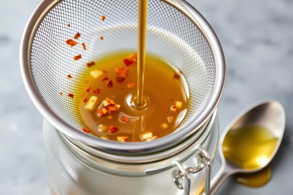 Hot honey being poured through a fine strainer into a glass jar