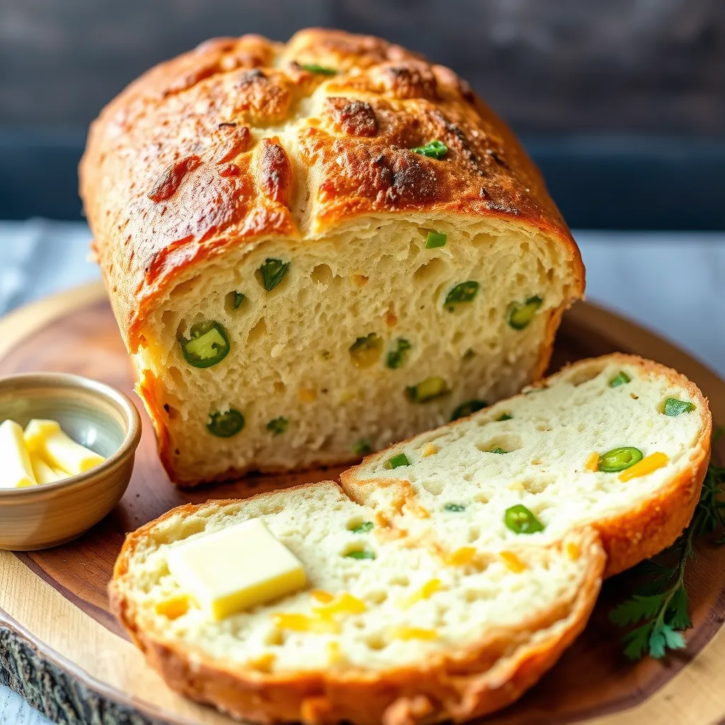 Sliced vegan jalapeño cheddar artisan bread on a wooden cutting board, highlighting its crispy crust and soft, airy interior with visible jalapeños and melted vegan cheddar