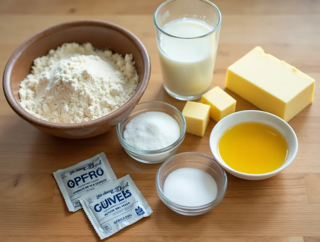 A collection of ingredients for making Gipfeli: flour, butter, yeast, milk, sugar, and egg wash.

