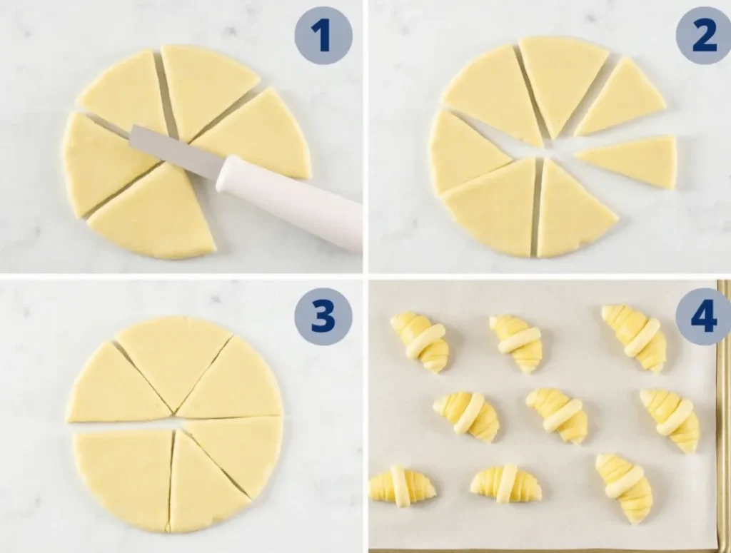 Step-by-step process of cutting and shaping Swiss Gipfeli dough into crescent rolls on a parchment-lined baking sheet.