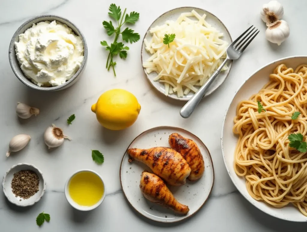 Main ingredients for cottage cheese sauce for chicken: cottage cheese, Greek yogurt, garlic, Parmesan cheese, lemon juice, olive oil, herbs, and chicken