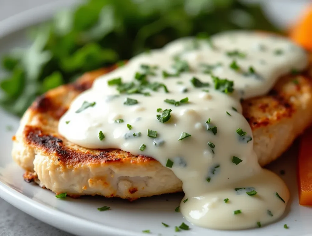 Creamy cottage cheese sauce served over grilled chicken with fresh herbs, Parmesan, and steamed vegetables.