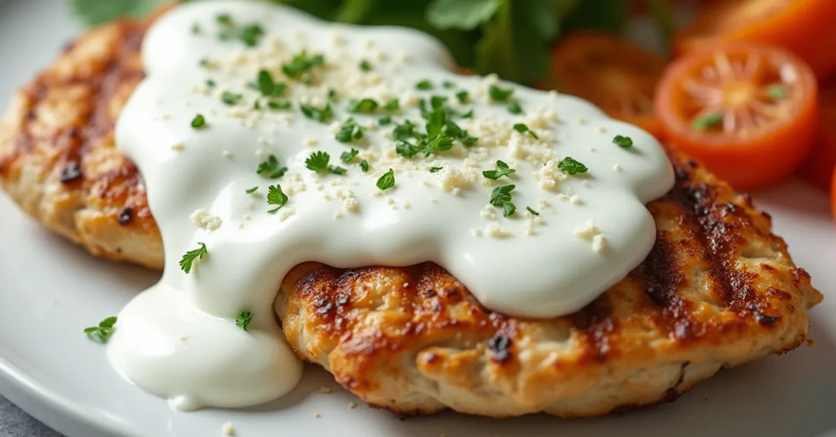 Creamy cottage cheese sauce served over grilled chicken with fresh herbs, Parmesan, and steamed vegetables.