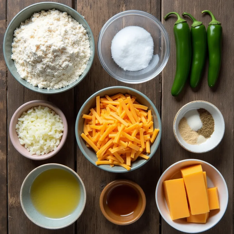 Flat lay of ingredients for Vegan Jalapeño Cheddar Artisan Bread: bread flour, salt, sugar, active dry yeast, warm water, shredded vegan cheddar cheese, fresh jalapeños, olive oil, and garlic powder