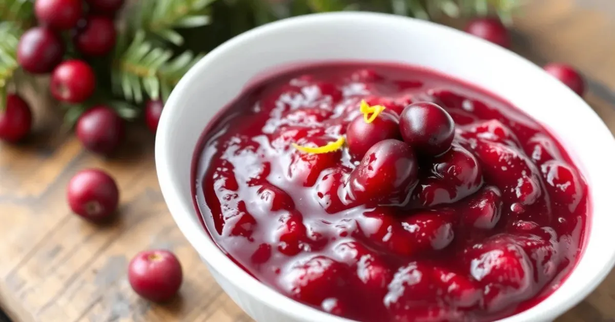 Homemade cranberry sauce with raspberry jam, garnished with fresh cranberries and orange zest, served in a bowl