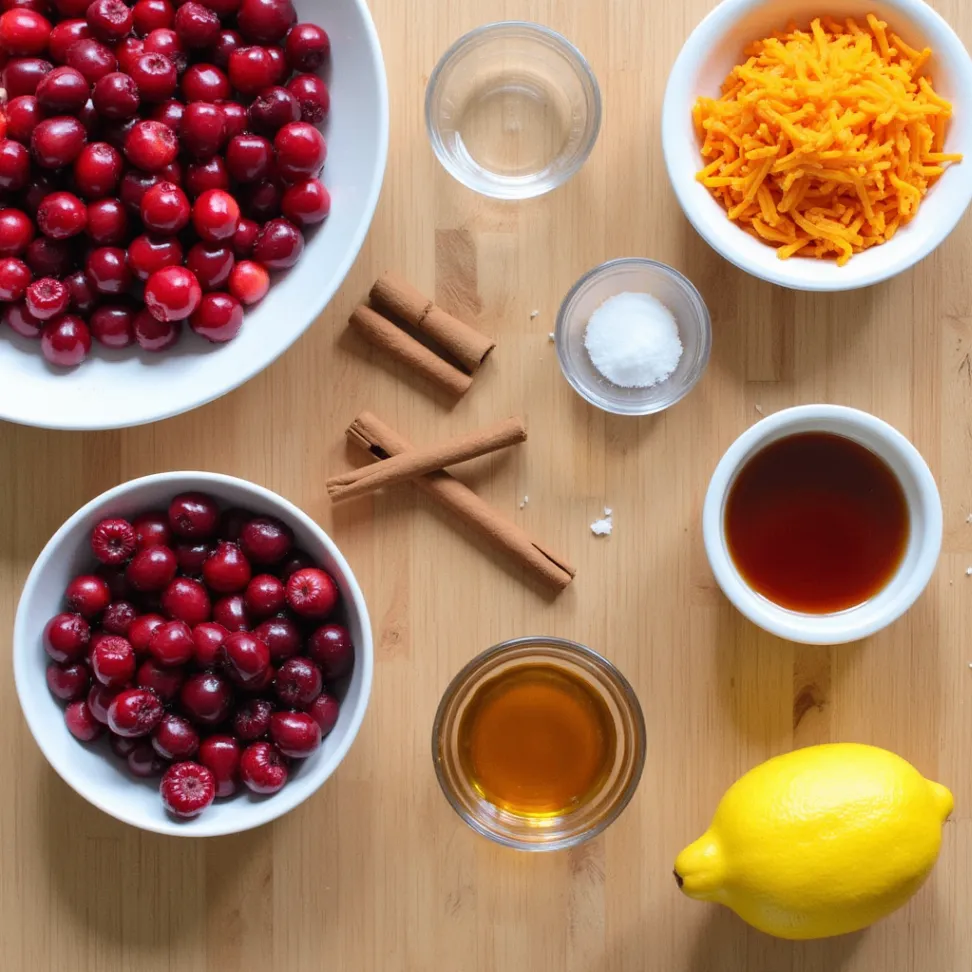 Main ingredients for cranberry sauce with raspberry jam: cranberries, raspberry jam, sugar, orange zest, cinnamon, maple syrup, and lemon juice, with nutrition facts