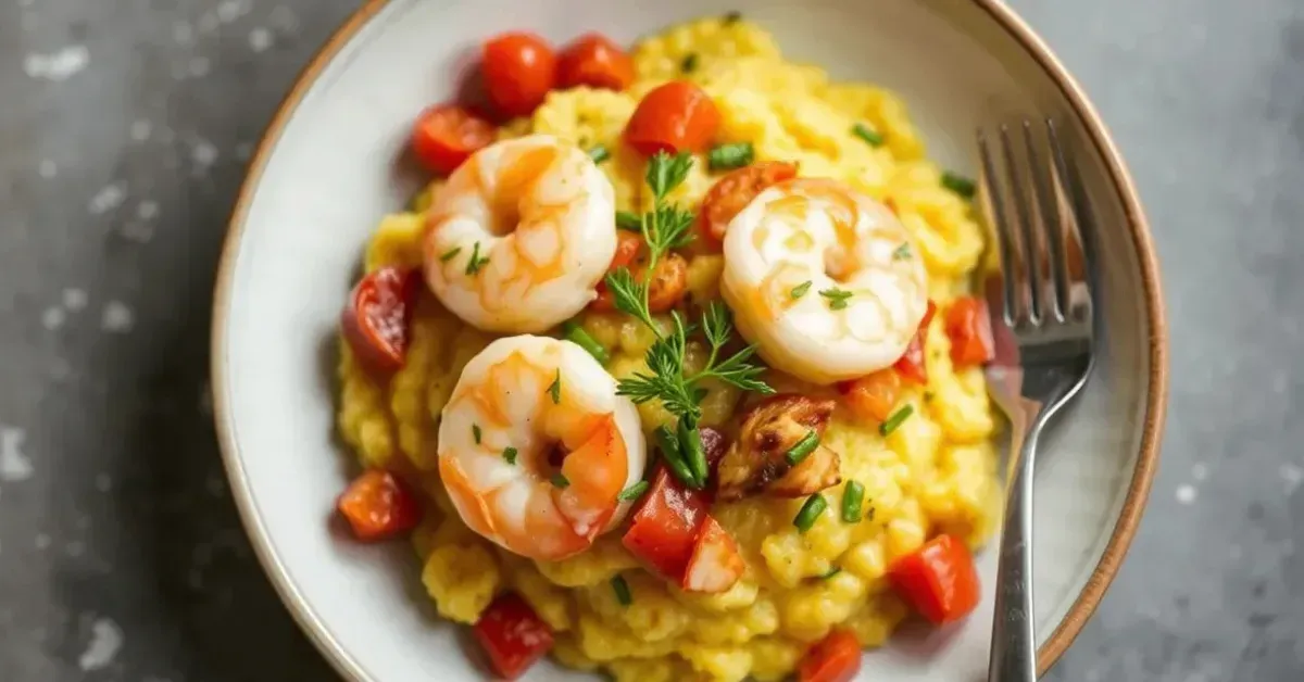 Shrimp Polenta with fresh herbs, Parmesan, and a drizzle of olive oil served in a rustic bowl