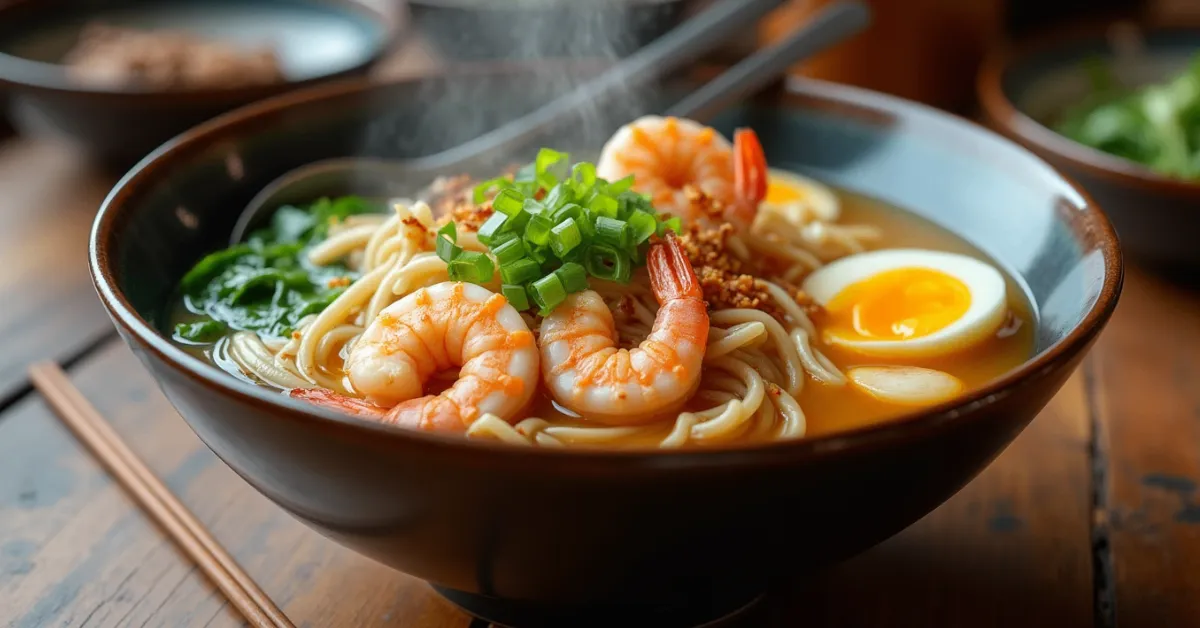 A steaming bowl of shrimp ramen noodles with soft-boiled egg, green onions, and sesame seeds, served in a ceramic bowl.