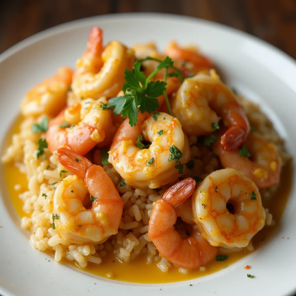 Shrimp St. Charles with creamy Cajun sauce, served over rice, garnished with fresh parsley for a delicious Southern seafood meal