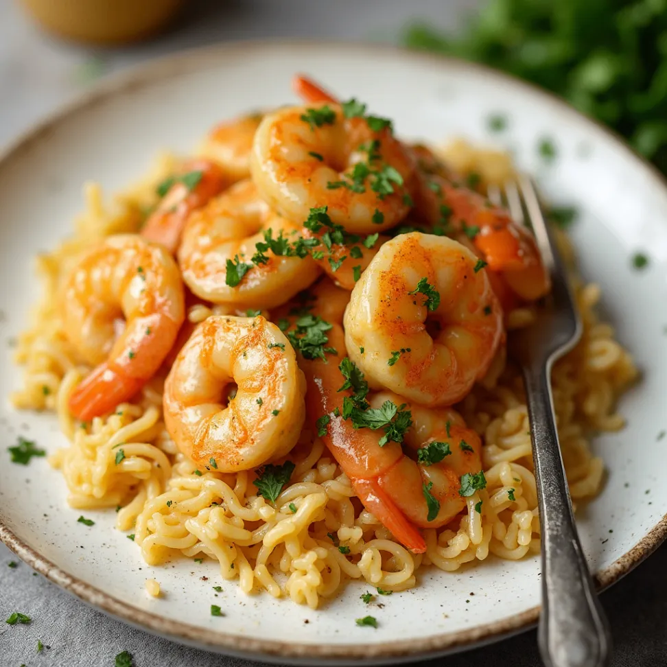 Shrimp St. Charles with creamy Cajun sauce, served over rice, garnished with fresh parsley for a delicious Southern seafood meal.
