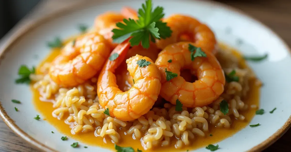 Shrimp St. Charles with creamy Cajun sauce, served over rice, garnished with fresh parsley for a delicious Southern seafood meal.