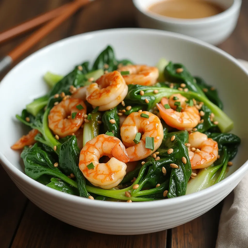 Bok Choy and Shrimp Stir-Fry with garlic, ginger, soy sauce, and sesame oil in a white bowl.
