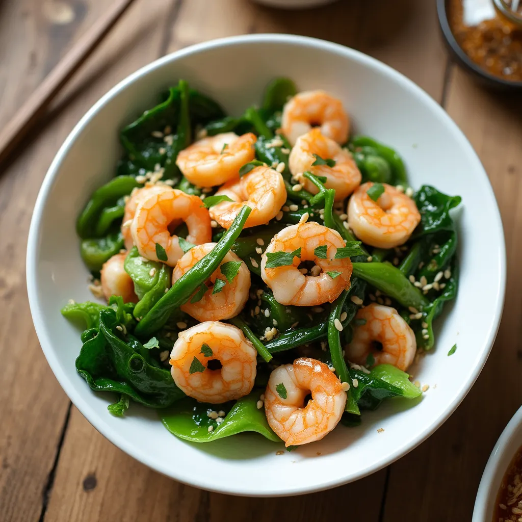 Bok Choy and Shrimp Stir-Fry with garlic, ginger, soy sauce, and sesame oil in a white bowl.
