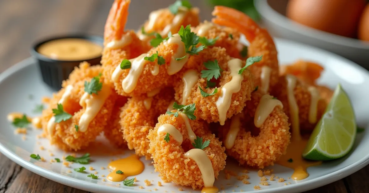 Boom Boom Shrimp coated in crispy panko breadcrumbs with creamy Boom Boom sauce and garnished with cilantro and lime