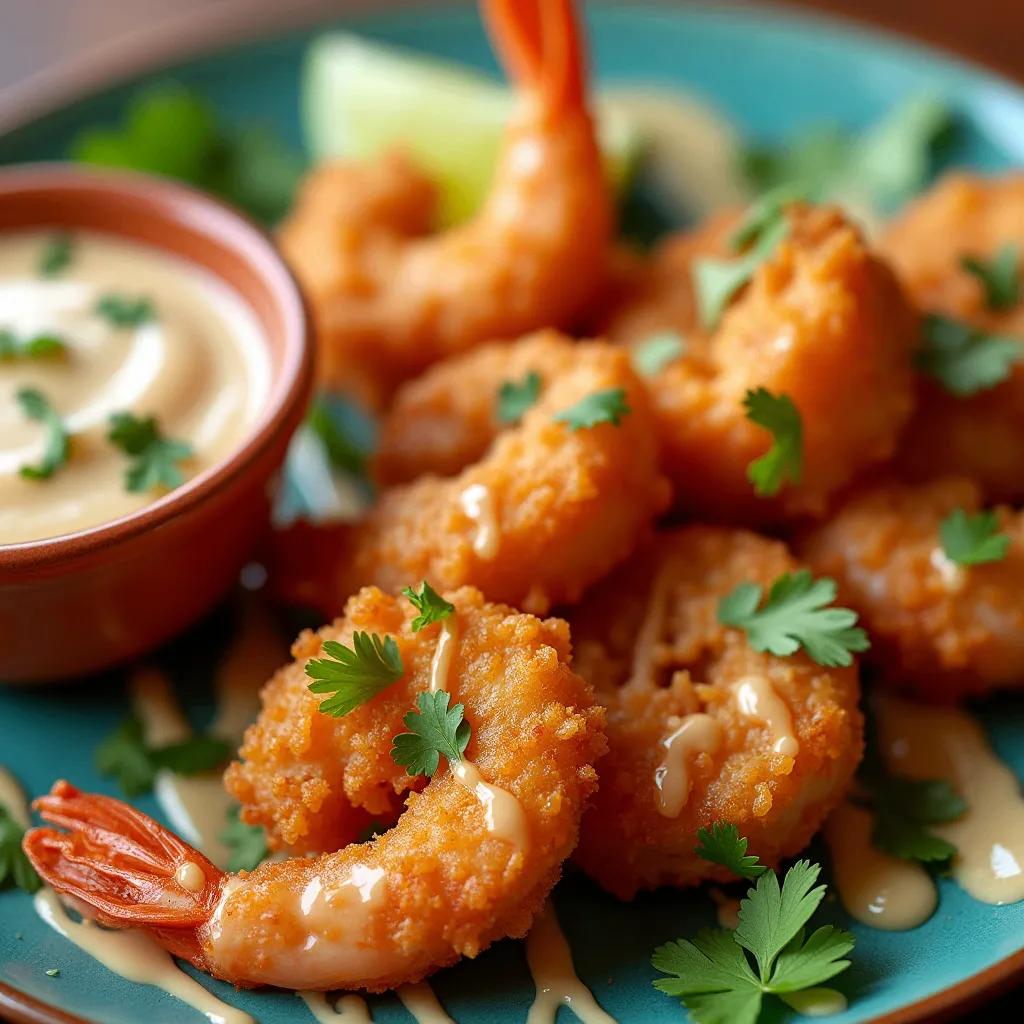 Close-up view of crispy Boom Boom Shrimp drizzled with creamy Boom Boom sauce, garnished with cilantro and lime