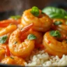 Creamy coconut shrimp served in a skillet with coconut milk curry sauce, fresh basil, and red bell peppers on a bed of rice