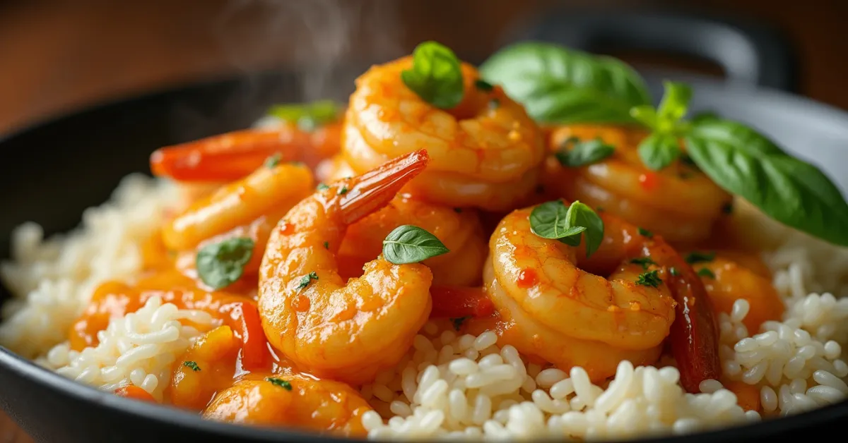 Creamy coconut shrimp served in a skillet with coconut milk curry sauce, fresh basil, and red bell peppers on a bed of rice