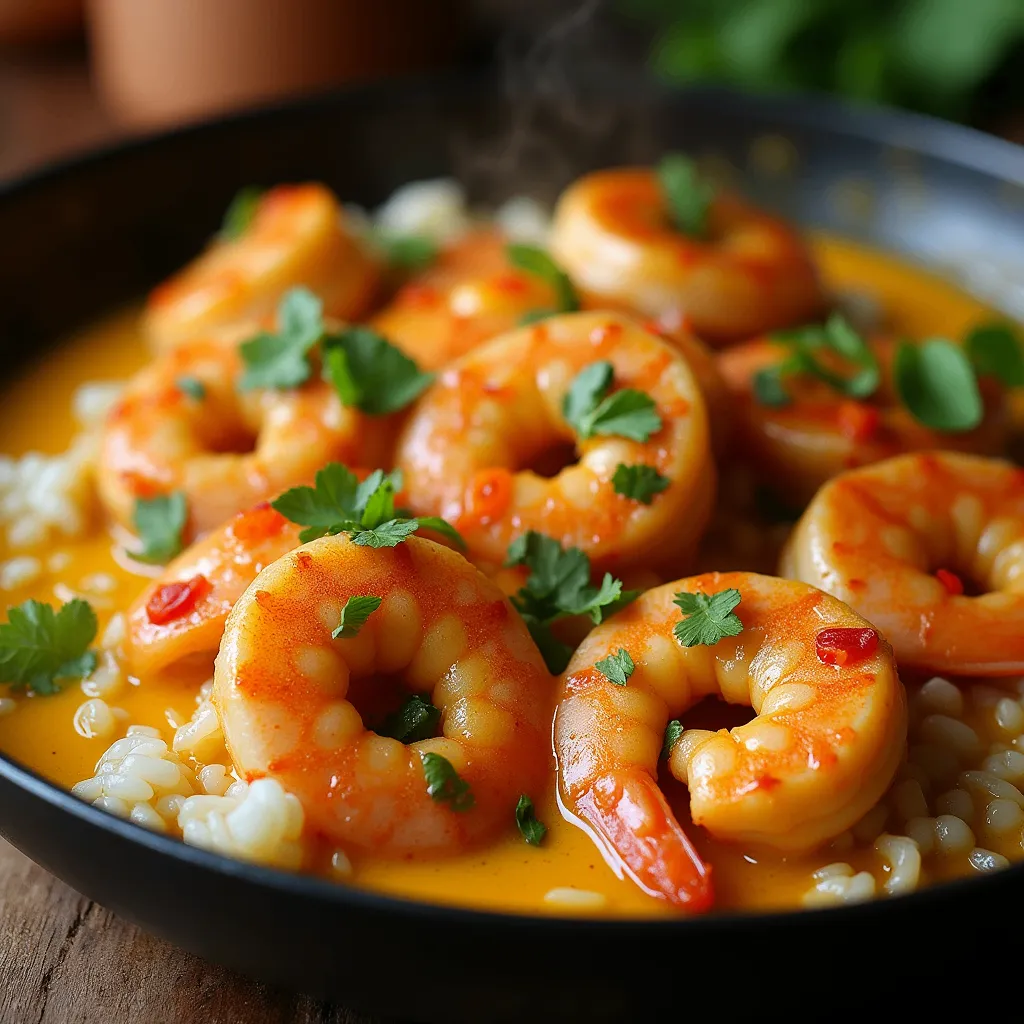 Creamy coconut shrimp served in a skillet with coconut milk curry sauce, fresh basil, and red bell peppers on a bed of rice