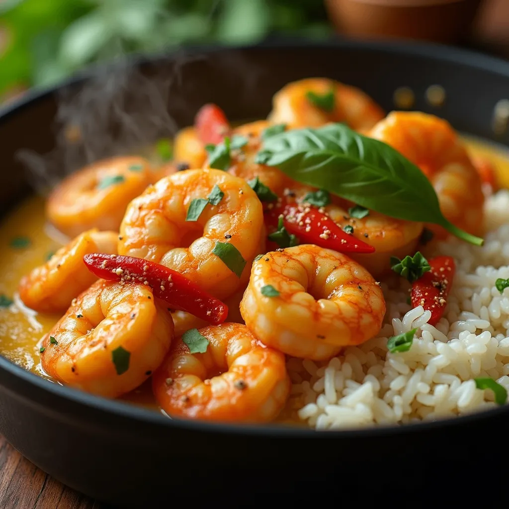 Creamy coconut shrimp served in a skillet with coconut milk curry sauce, fresh basil, and red bell peppers on a bed of rice