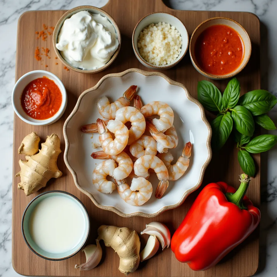 Fresh ingredients for creamy coconut shrimp recipe including shrimp, coconut milk, coconut cream, garlic, ginger, red curry paste, and fresh basil