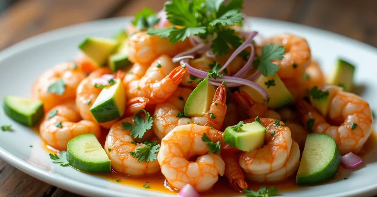 A vibrant plate of Garlic Shrimp Aguachile garnished with fresh avocado, cucumber, and red onion.