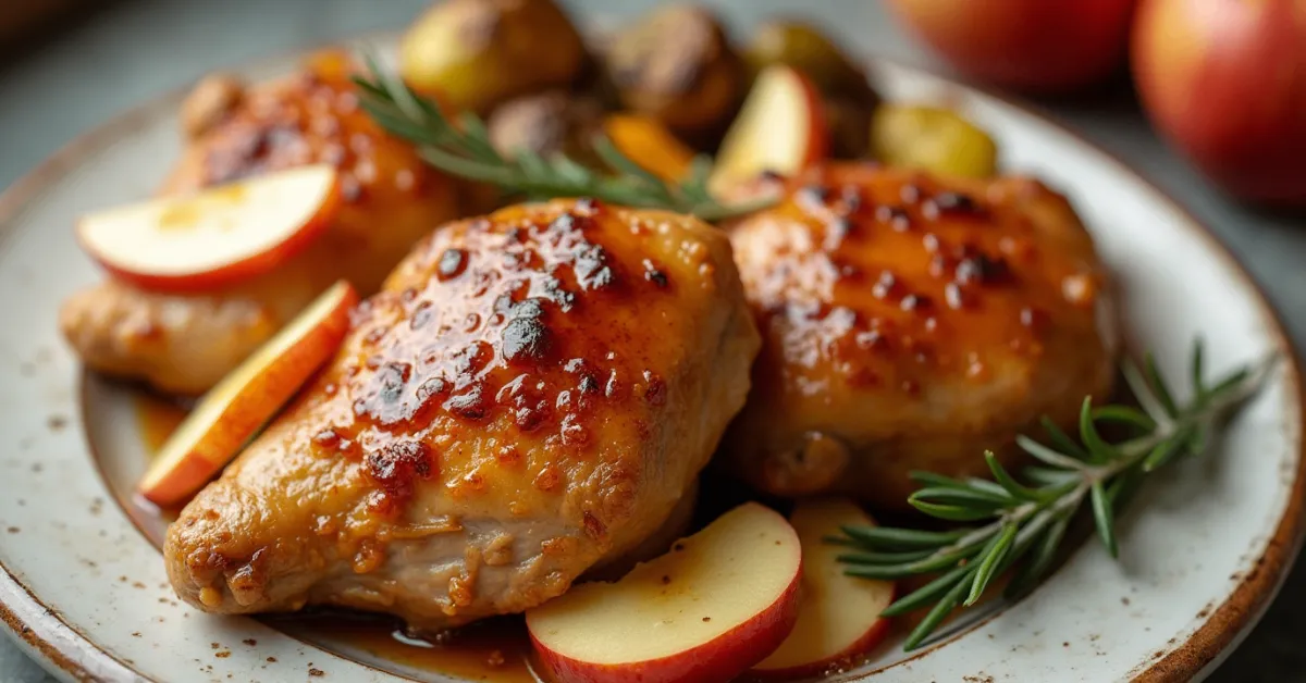 Apple Honey Glazed Chicken with fresh apple slices and rosemary, served with roasted vegetables