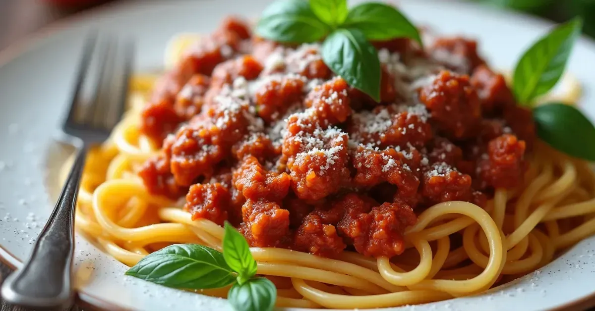 A delicious serving of Bolognese sauce over pasta with grated Parmesan cheese and fresh basil leaves