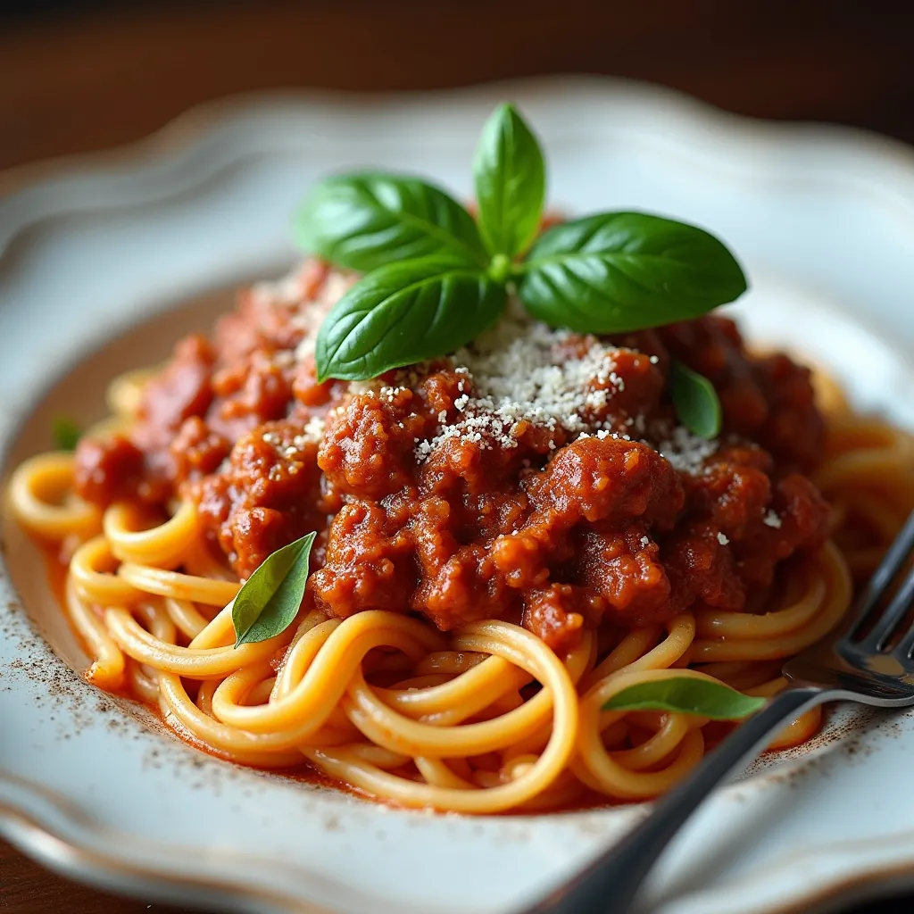 A delicious serving of Bolognese sauce over pasta with grated Parmesan cheese and fresh basil leaves