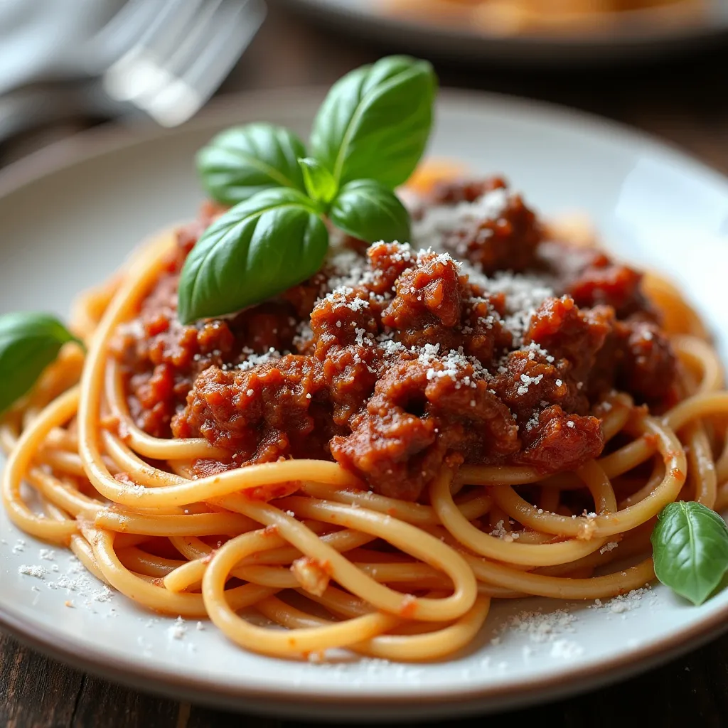 A delicious serving of Bolognese sauce over pasta with grated Parmesan cheese and fresh basil leaves